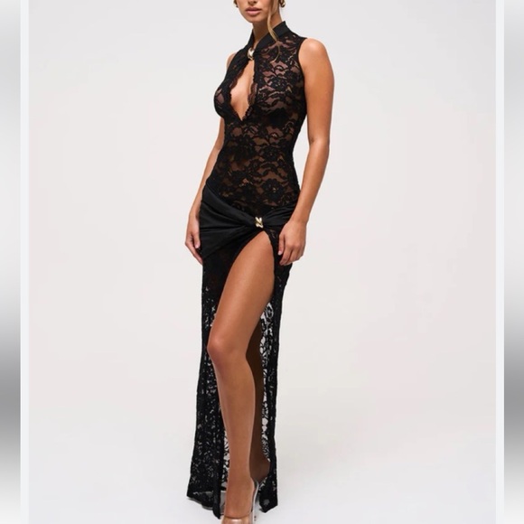 Murci Black Lace Evening Dress with Side Slit - Picture 2 of 5